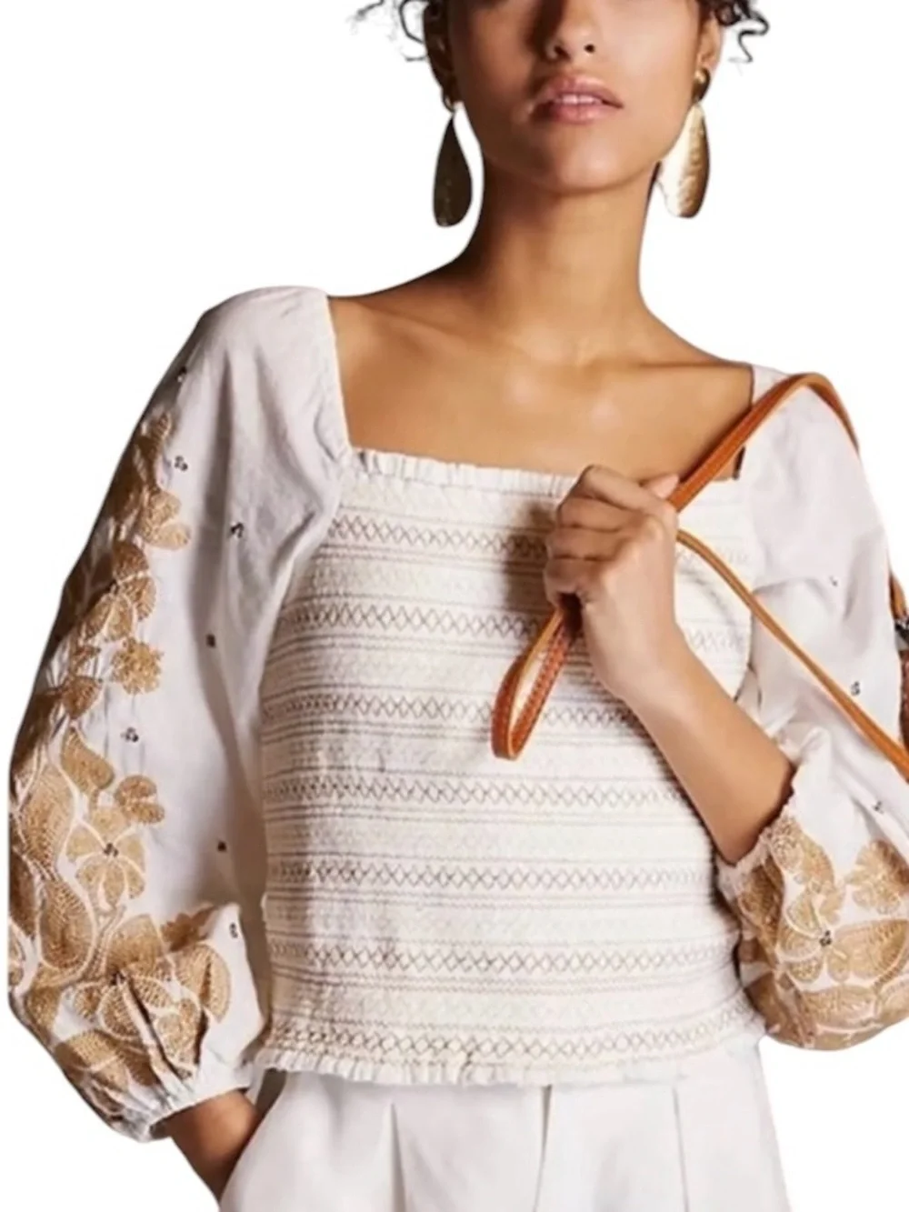 Anthropologie Cotton Embroidered Smocked Peasant Top Blouse Cream Brown Size XS